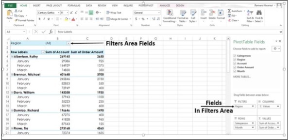 PivotTable Filters Areas