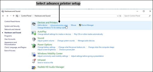 Select Advance Printer Setup
