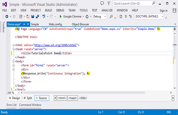 Demo.Aspx Page in Visual Studio