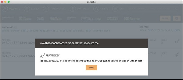 Ganache Console private key