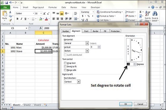 Rotate cell from Formatting cells
