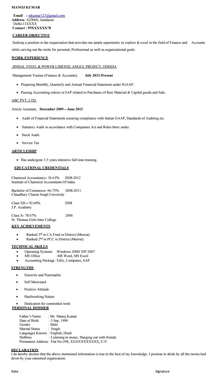 Resume format for India