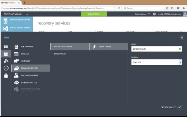 Create a Site Recovery Vault