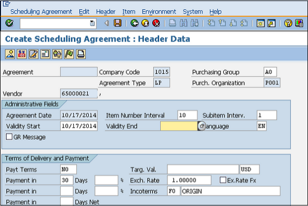 Scheduling Agreement Header Data