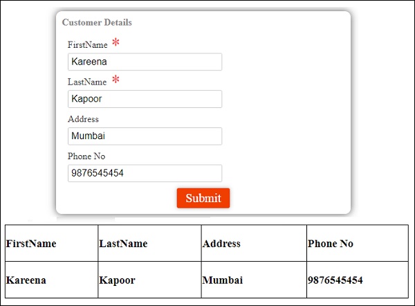 Customer Details Shown After Submmition
