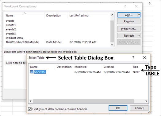 Select Table Dialog Box Appears