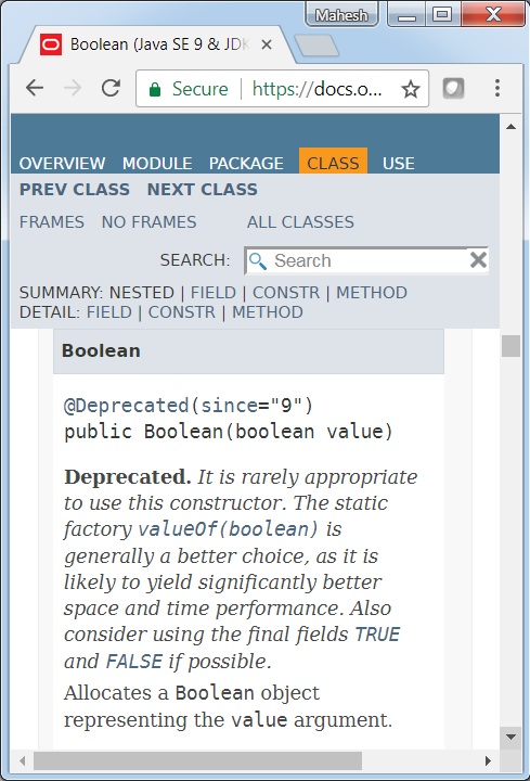 Boolean Class javadoc