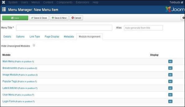 joomla Adding Menu Items