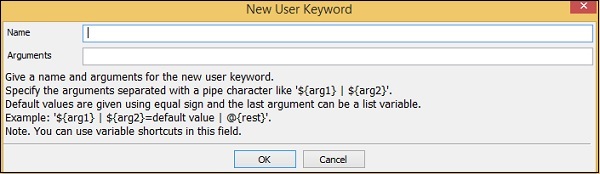 New User Keyword screen