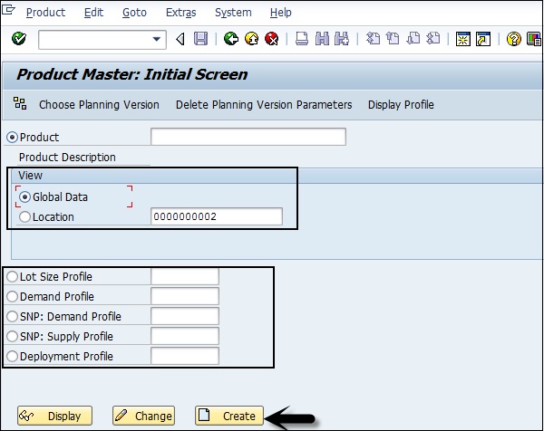 Product Master Initial screen Create