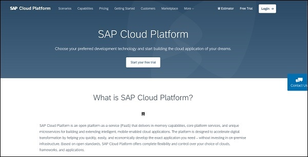 SAP Cloud platform Webpage