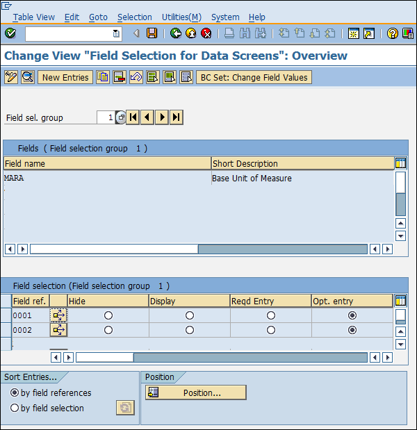 SAP Configuration field selection data screen entry