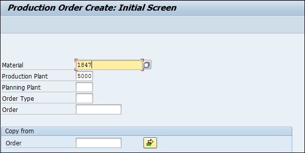 Production Order Creation Initial Screen