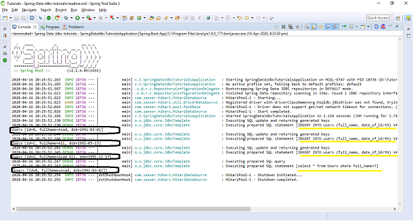 Spring Data JDBC Project Output