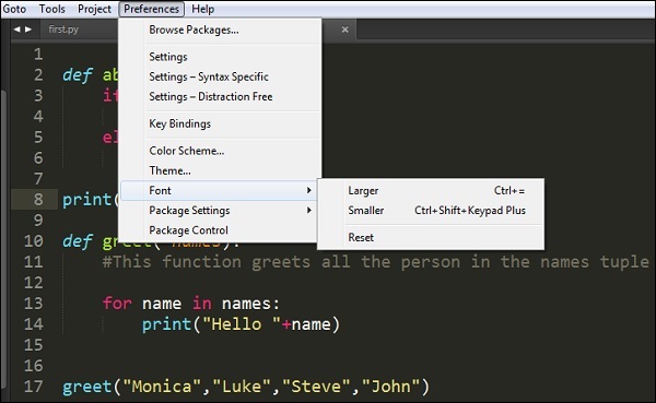 Font settings of Sublime Text