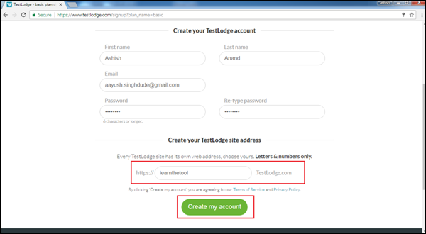 TestLodge Create Account Page
