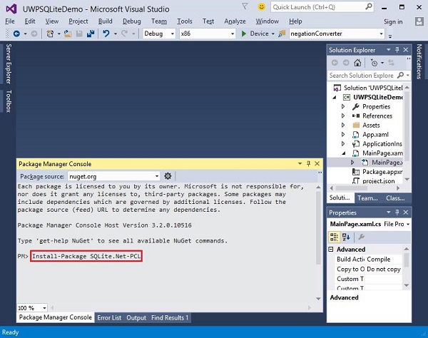 UWP SQLite Console Command