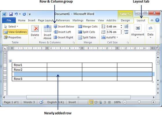 mouse bilayer means Rows & Columns in Word 2010
